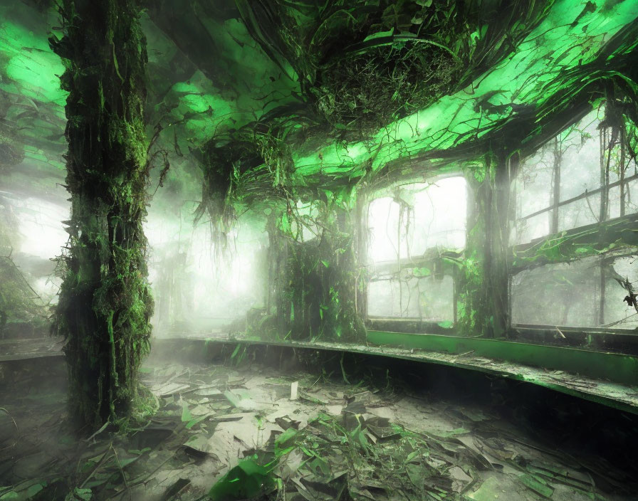 Ethereal green-hued forest inside abandoned building with overgrown trees.