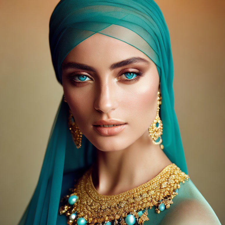 Woman with Blue Eyes in Turquoise Hijab and Gold Jewelry Against Warm Background