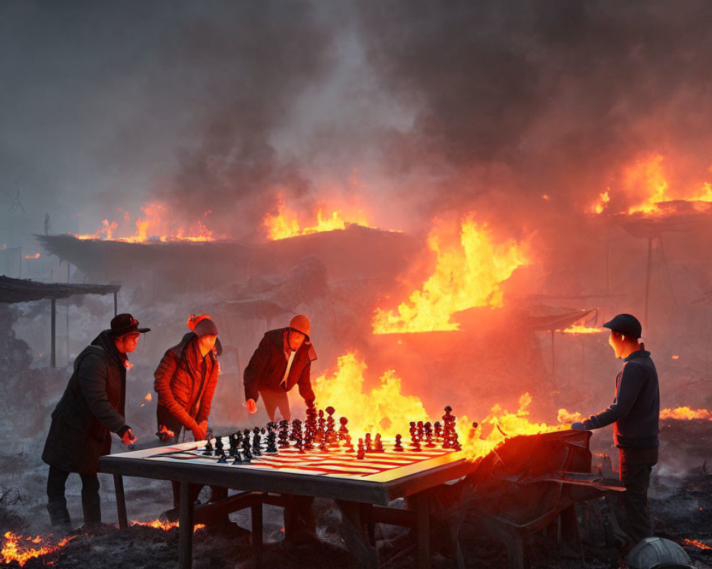 Intense fires backdrop outdoor chess game