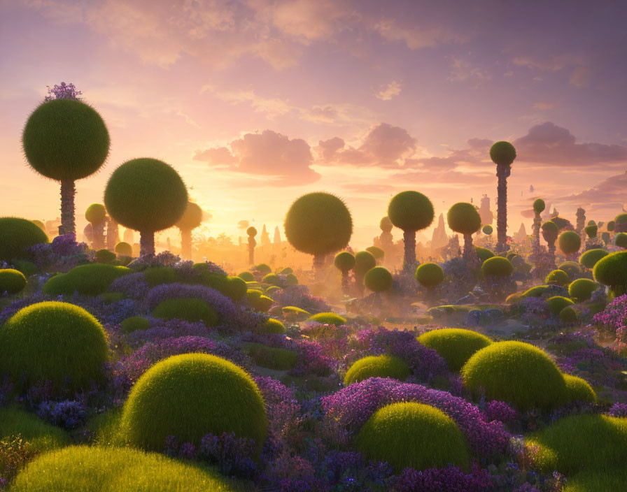 Spherical topiary trees and purple flowers in dreamy sunrise landscape