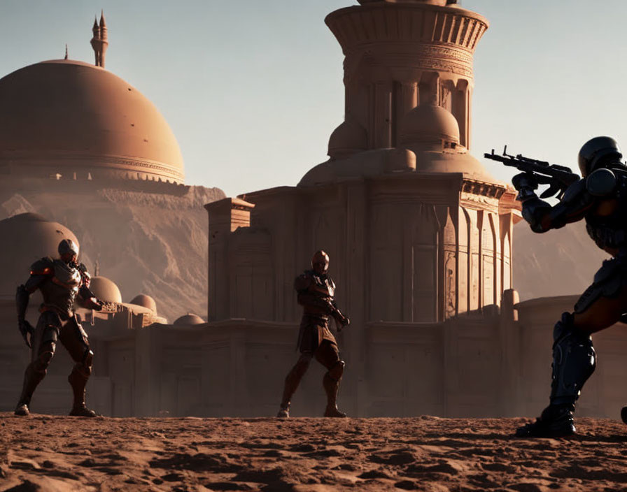 Armored figures with futuristic weapons in desert landscape with domed building.