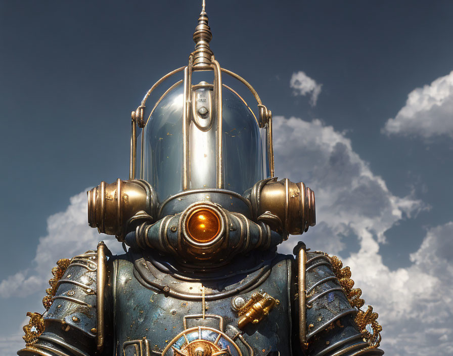 Steampunk-style robot with brass fittings and glass dome head against cloudy sky