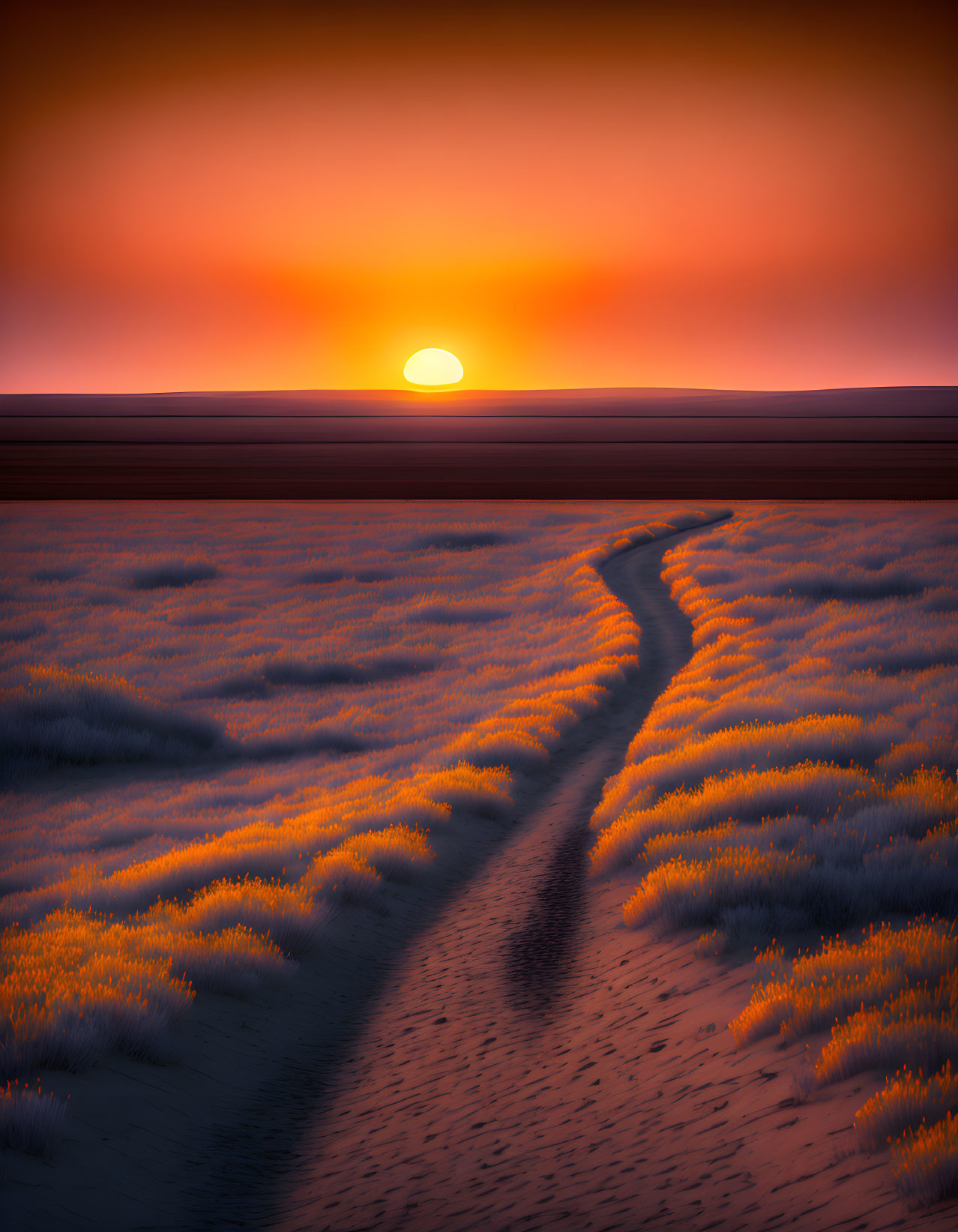 Sunset illuminates winding path in tall grass field under orange sky