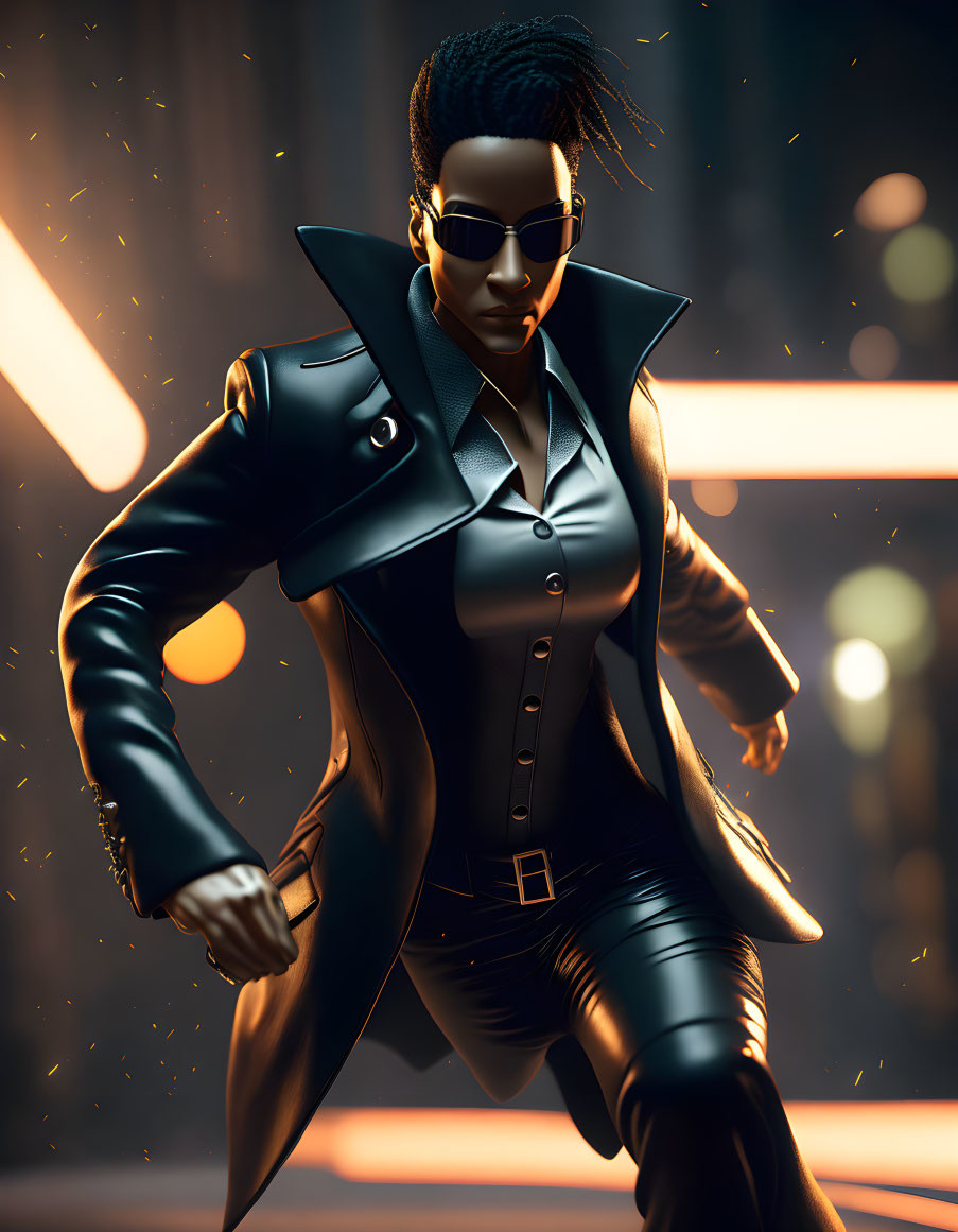 Stylish female character in leather coat and sunglasses running in futuristic 3D illustration