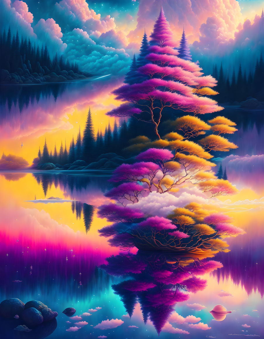 Colorful Landscape: Serene Lake, Pink and Purple Trees, Luminous Sky