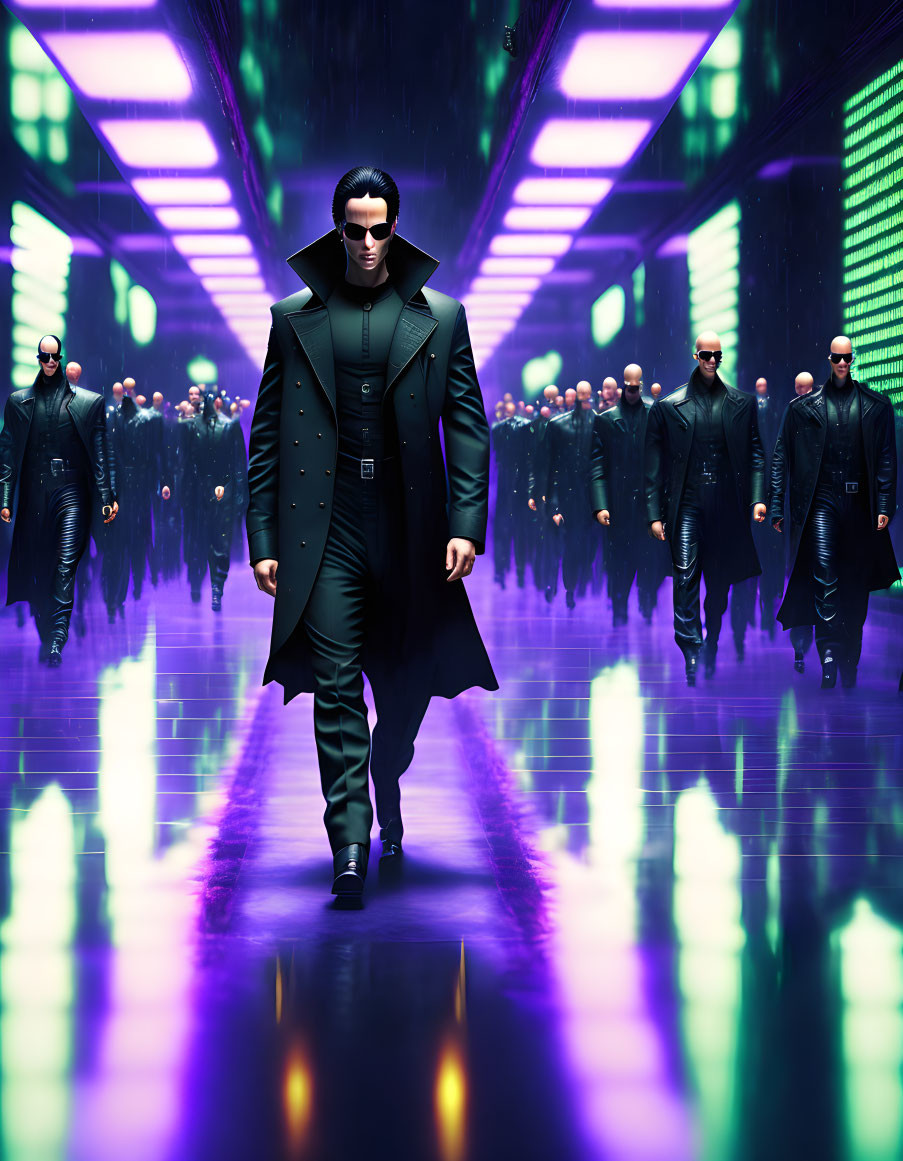 Man in sunglasses and long coat leading group in neon-lit symmetrical sci-fi corridor