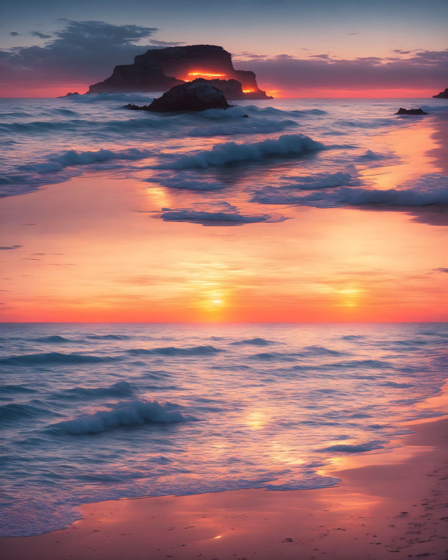 Scenic ocean sunset with waves, sun reflection, and rock formation