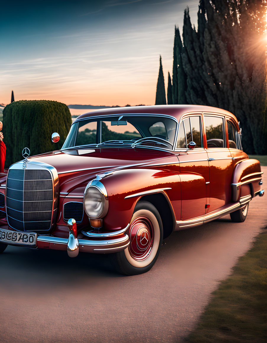 Classic Red Car Parked on Road at Sunset with Chrome Details