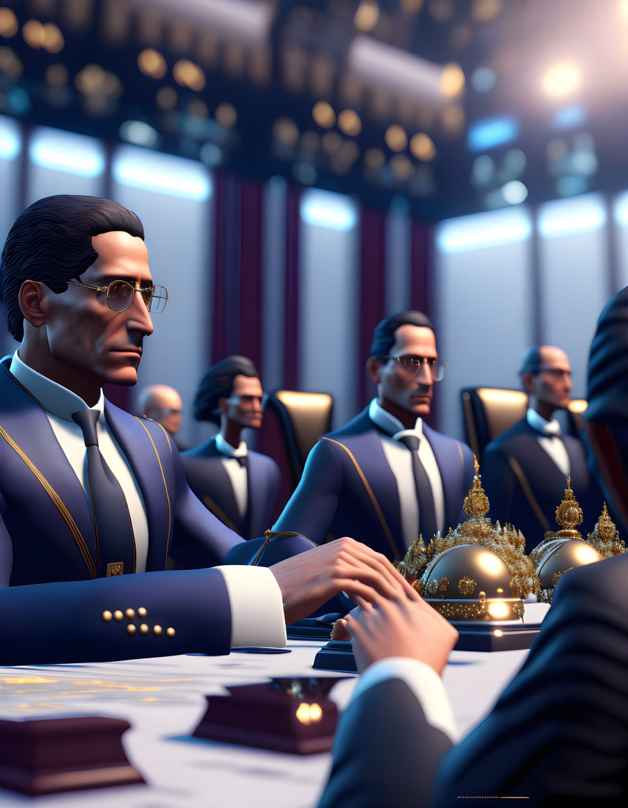 3D animated characters in suits reaching for golden object in lavish setting