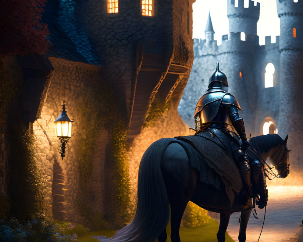 Knight in Full Armor on Horseback Outside Castle at Twilight