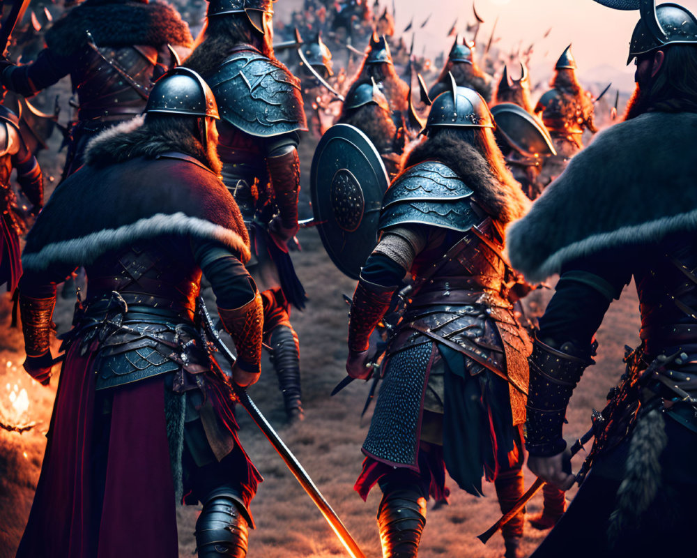 Armored Viking warriors with helmets, shields, and axes at twilight