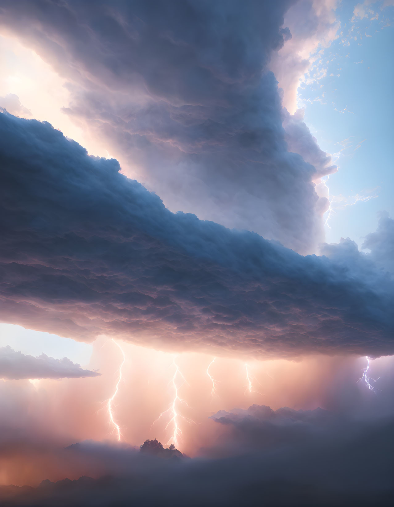 Dramatic sky with dense clouds and lightning storm.