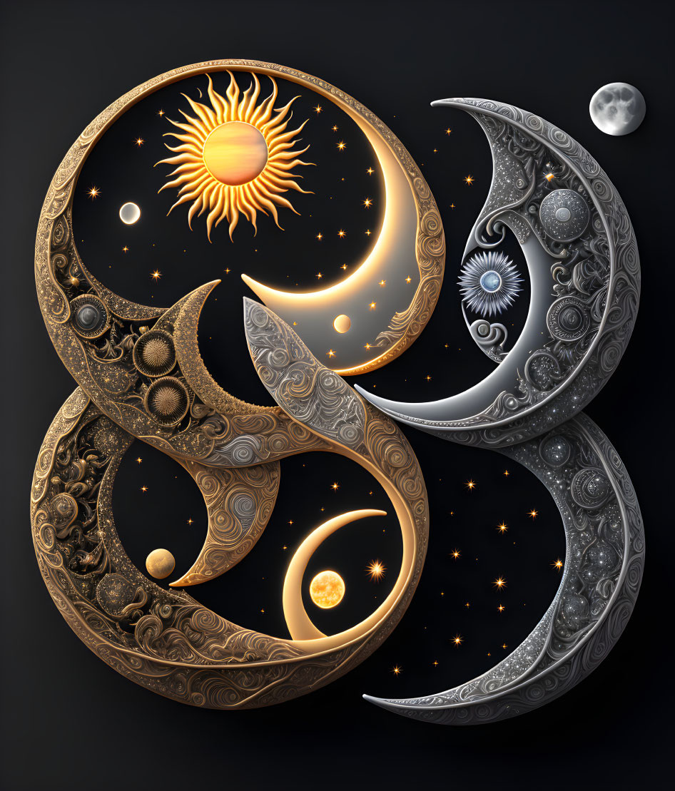 Stylized cosmic illustration with crescent moons and celestial bodies