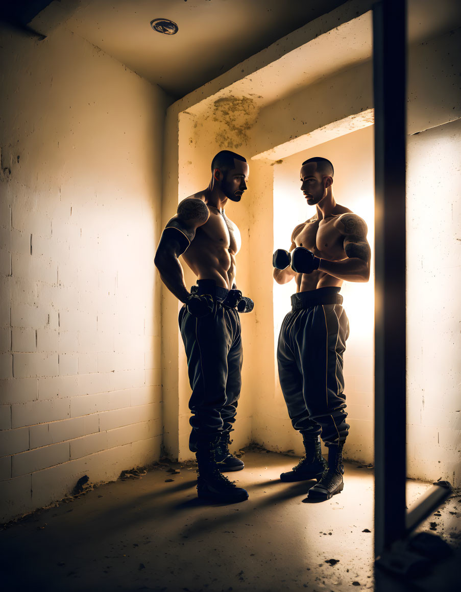 Muscular man in combat boots and sweatpants gazes at reflection in dimly lit room