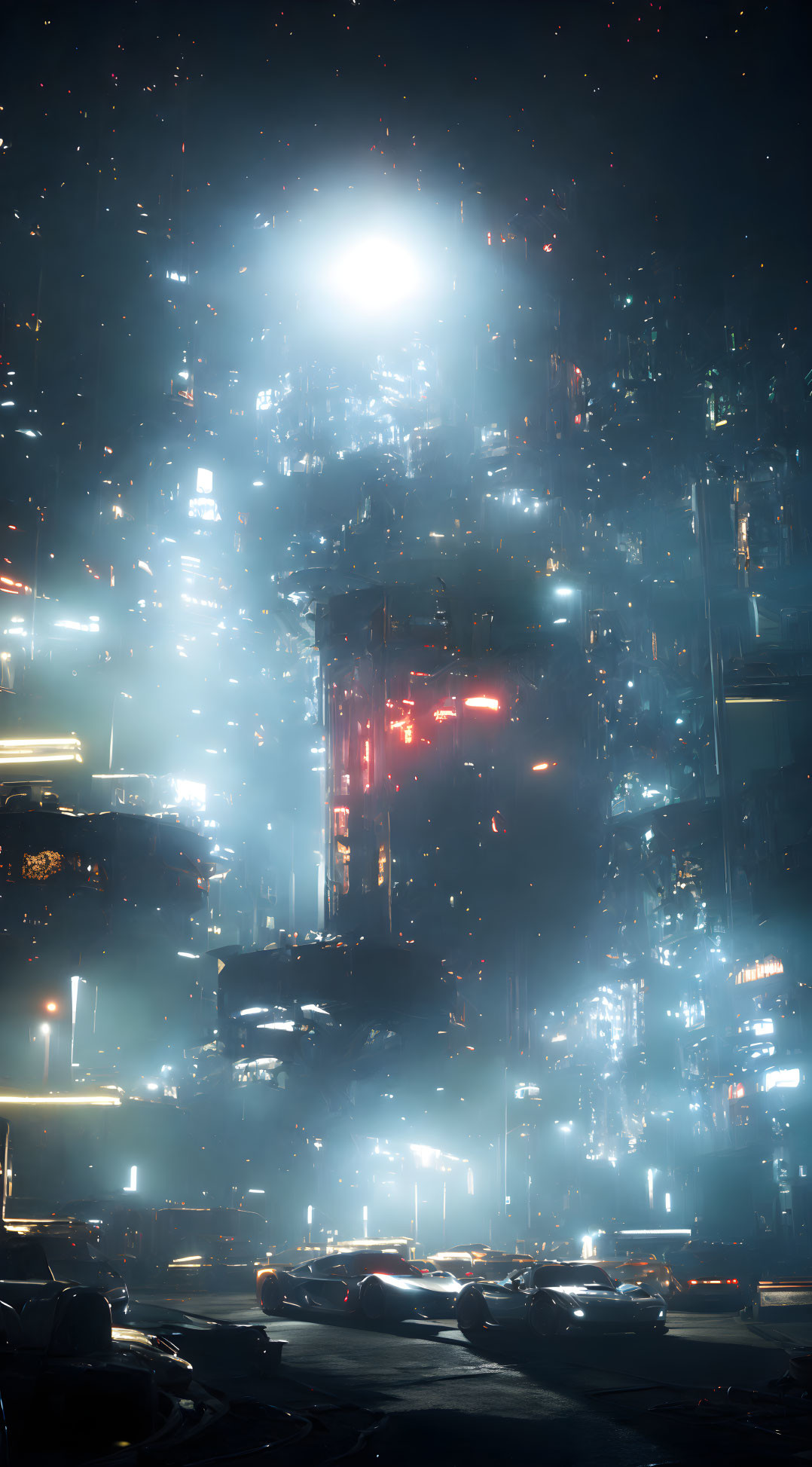 Futuristic night cityscape with neon-lit skyscrapers