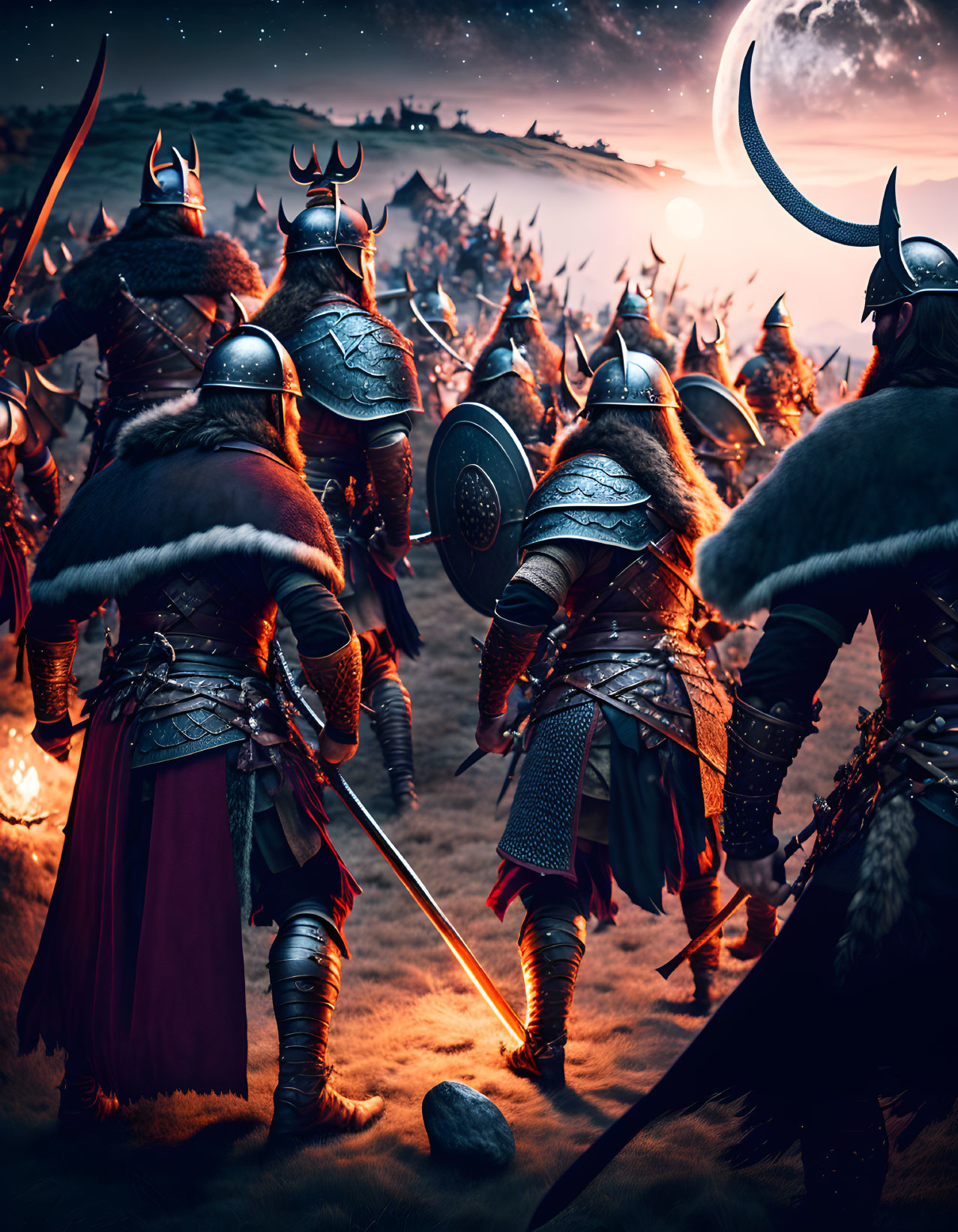 Armored Viking warriors with helmets, shields, and axes at twilight