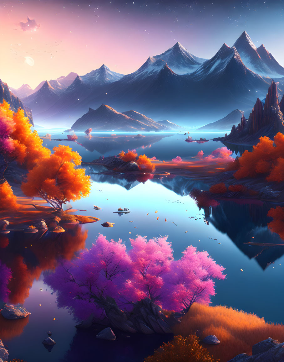 Vibrant orange and pink trees by a still lake with mountain backdrop and two moons