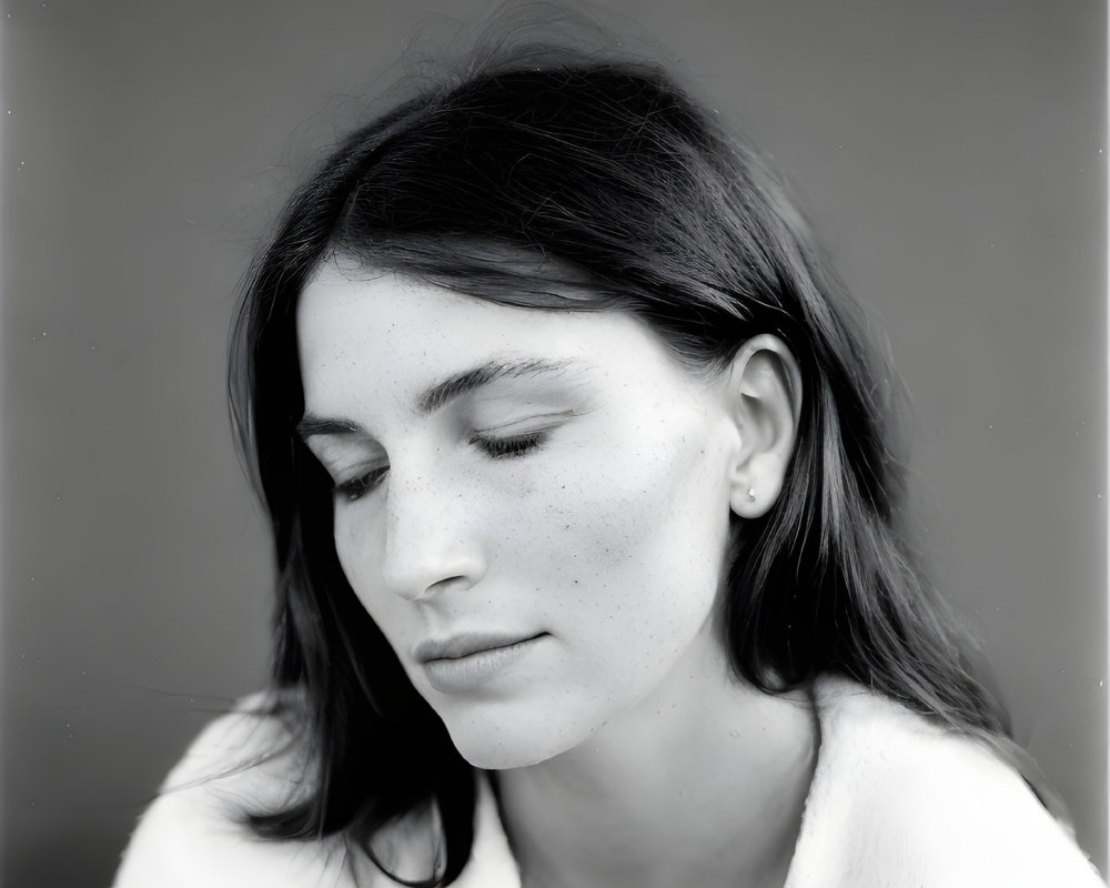 Monochrome portrait of young woman with freckles in contemplative pose