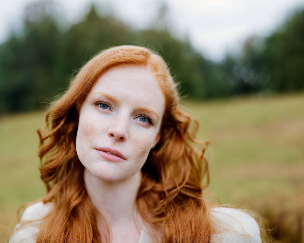 Red-haired woman with freckles in contemplative pose against blurred natural background