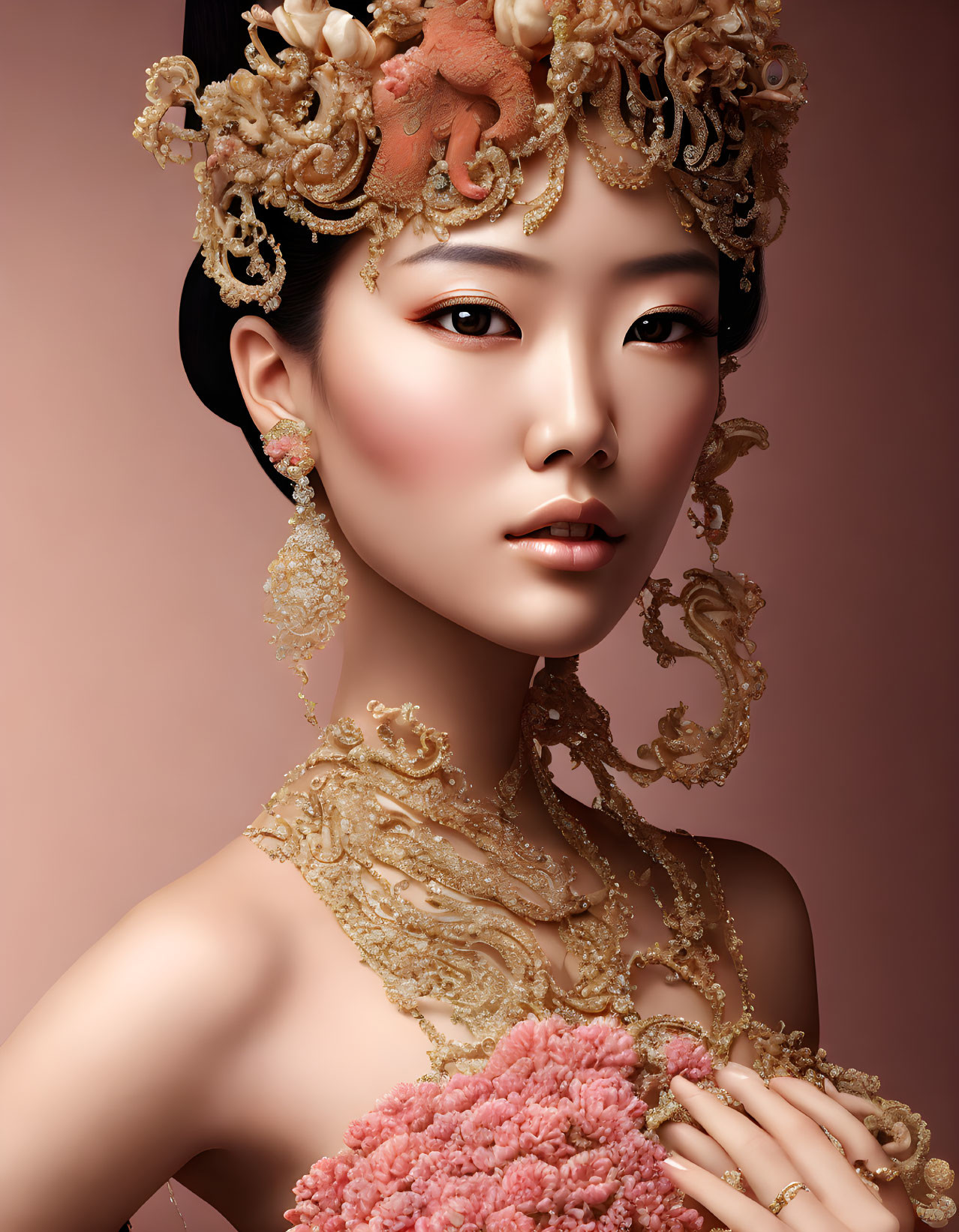 Elaborate gold headpiece and jewelry on woman against warm backdrop