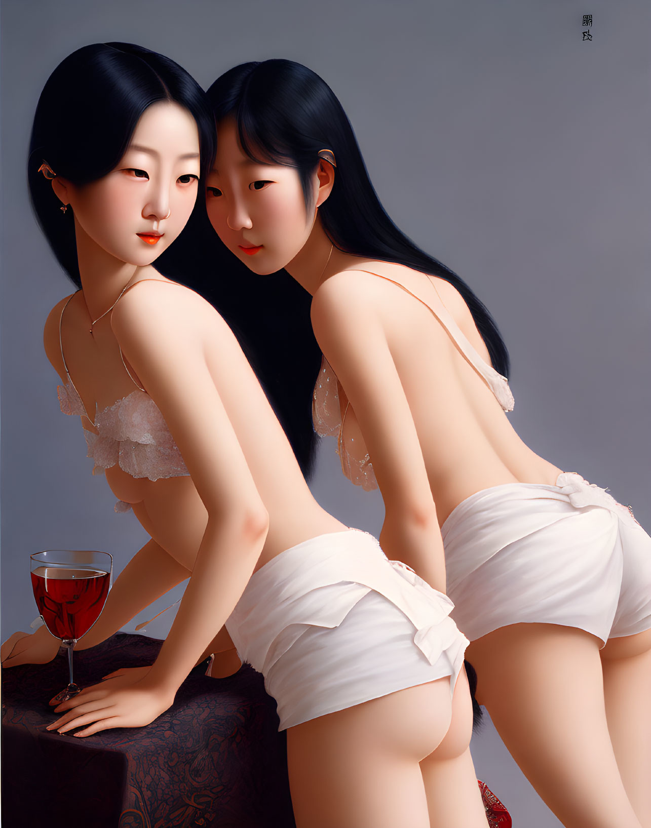 Two Women in Black Hair White Lingerie Back-to-Back with Wine Glass