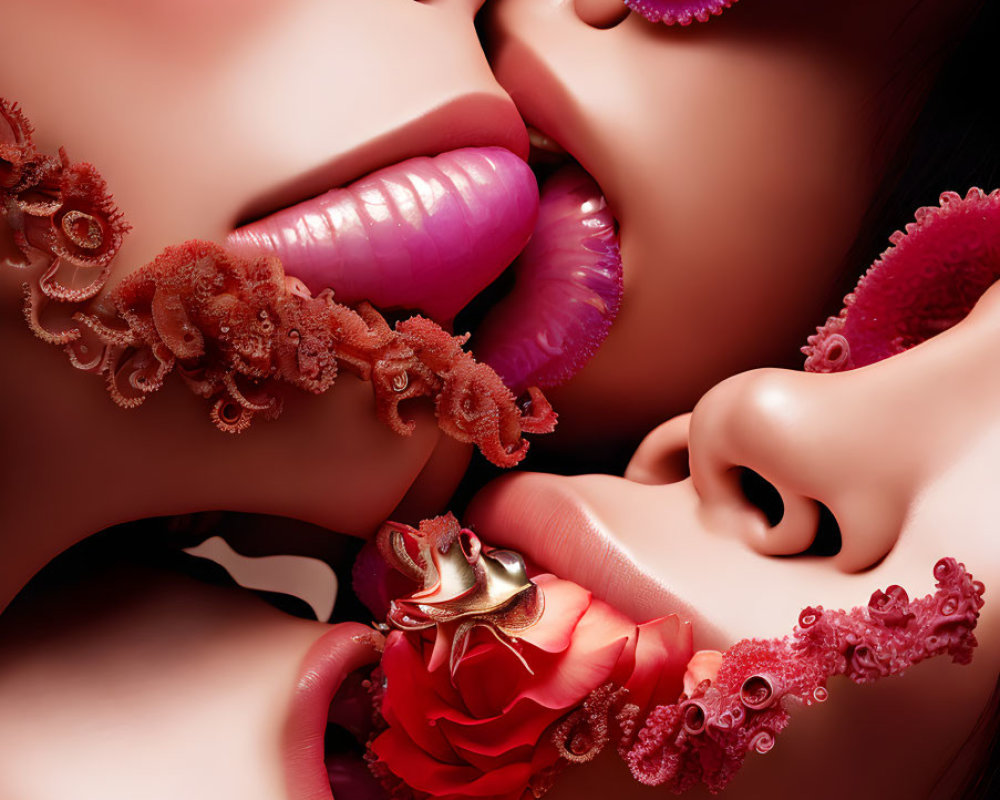 Surreal close-up: faces with octopus tentacles, red rose, golden frog