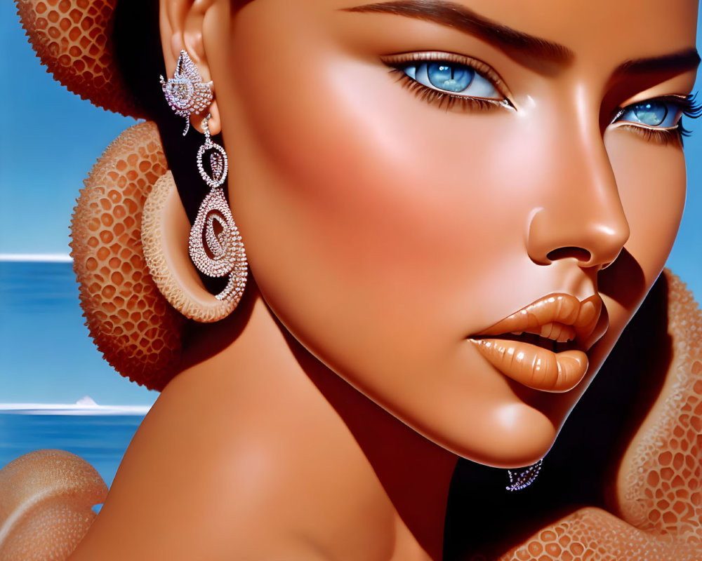 Detailed illustration of woman with blue eyes, tanned skin, glossy lips, and elegant earring against