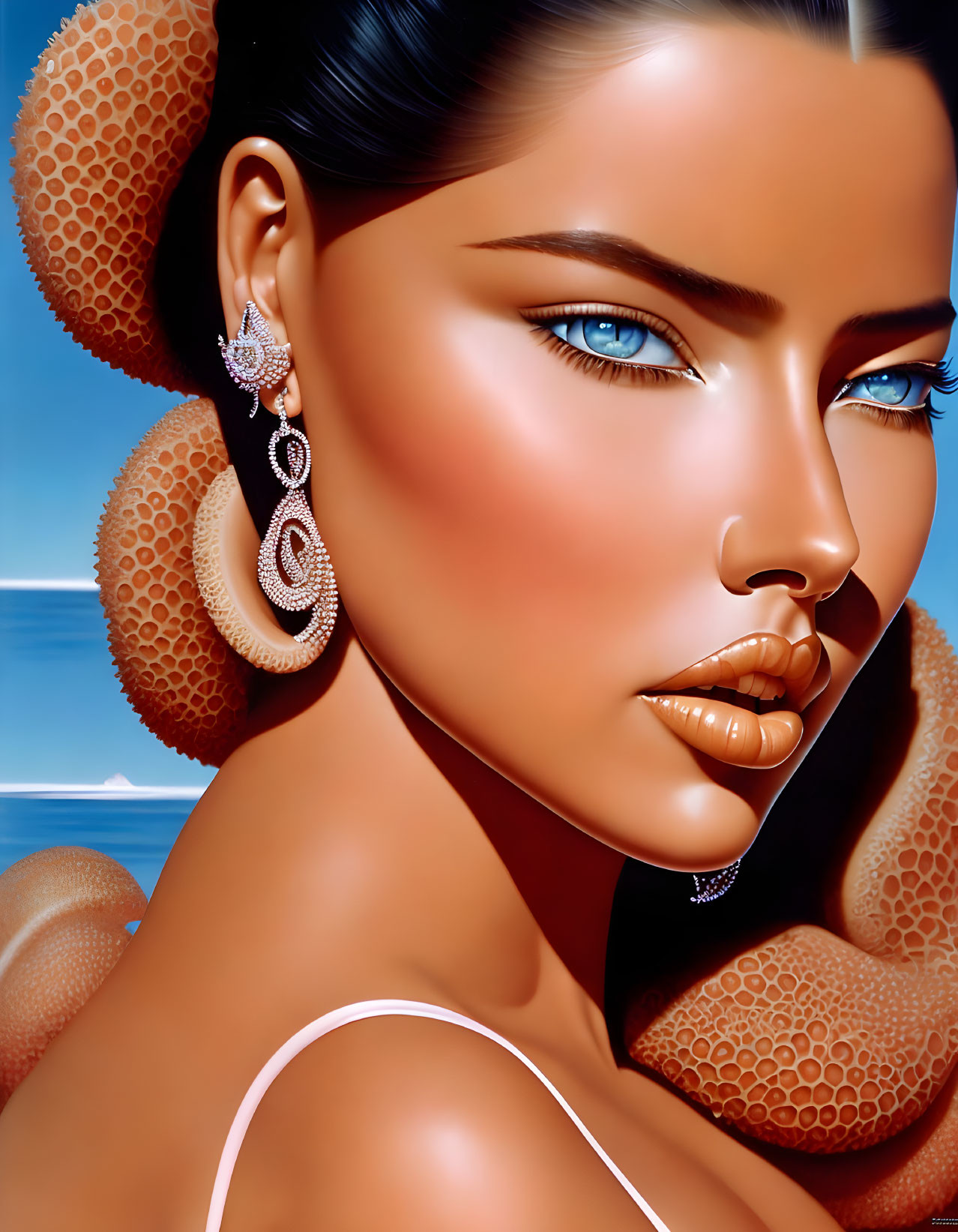 Detailed illustration of woman with blue eyes, tanned skin, glossy lips, and elegant earring against