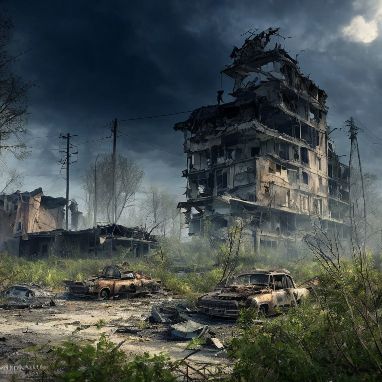 Dilapidated multi-story building in post-apocalyptic scene