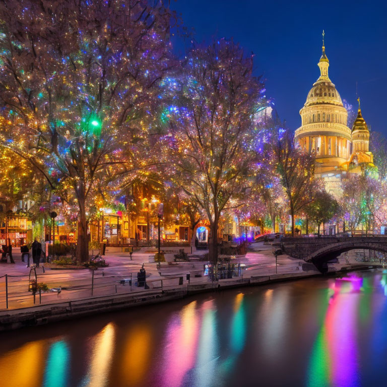 Twilight cityscape with illuminated trees, river reflections, bridge, and domed building