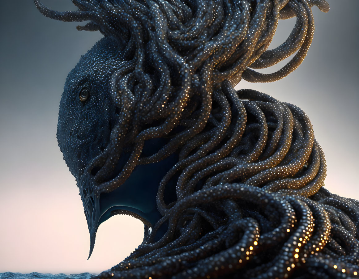 Surreal creature with octopus-like body and bird head on soft background