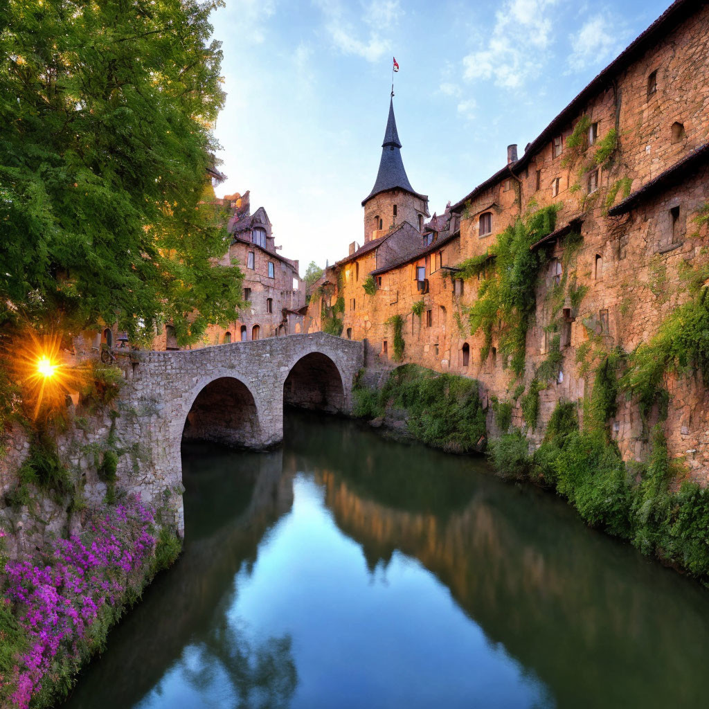 Serene river at sunset with old stone bridge and fortified buildings