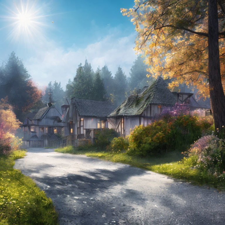 Rustic autumn village with serene houses and colorful trees