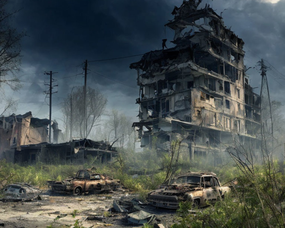 Dilapidated multi-story building in post-apocalyptic scene