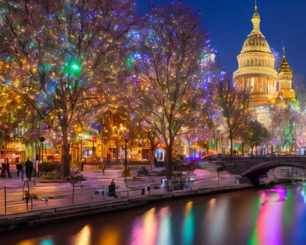 Twilight cityscape with illuminated trees, river reflections, bridge, and domed building