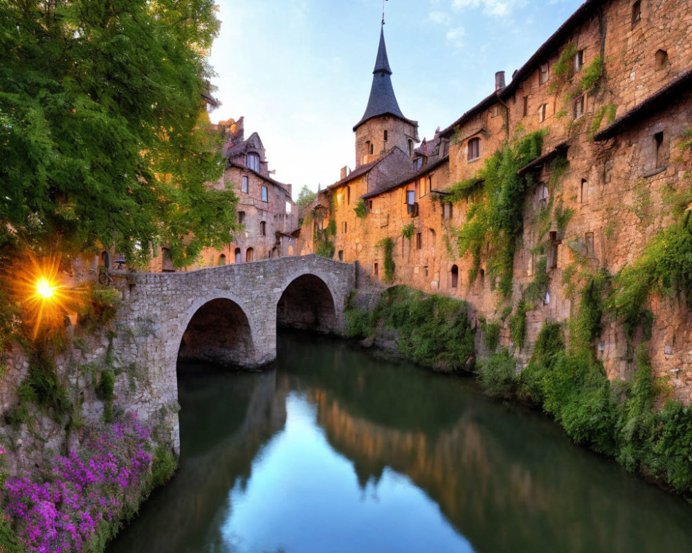 Serene river at sunset with old stone bridge and fortified buildings