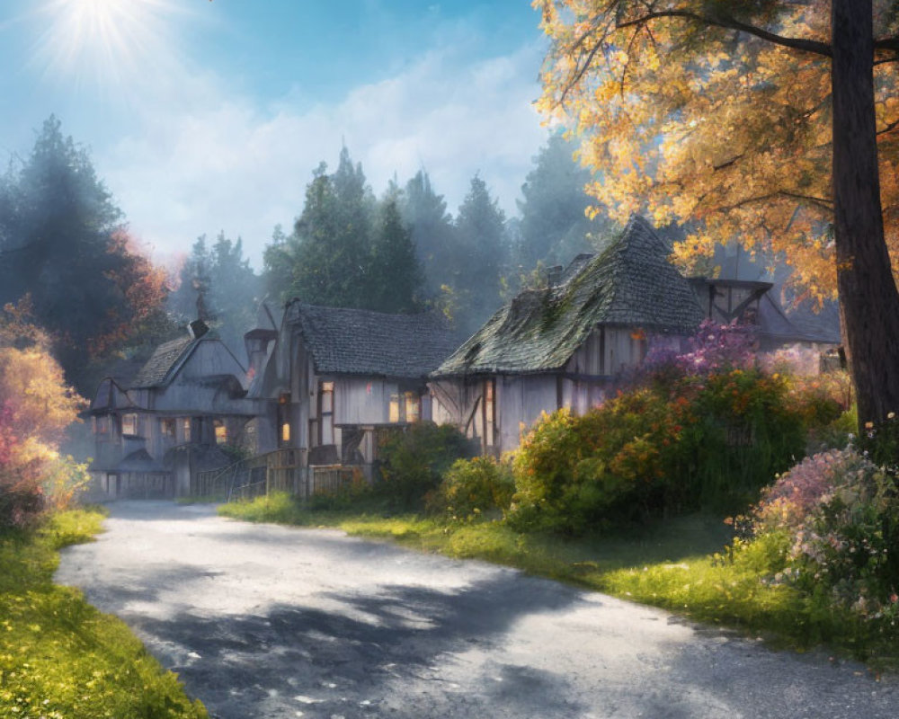 Rustic autumn village with serene houses and colorful trees