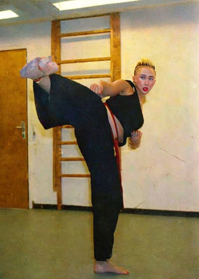 Martial artist in black attire practicing high kick with superimposed face