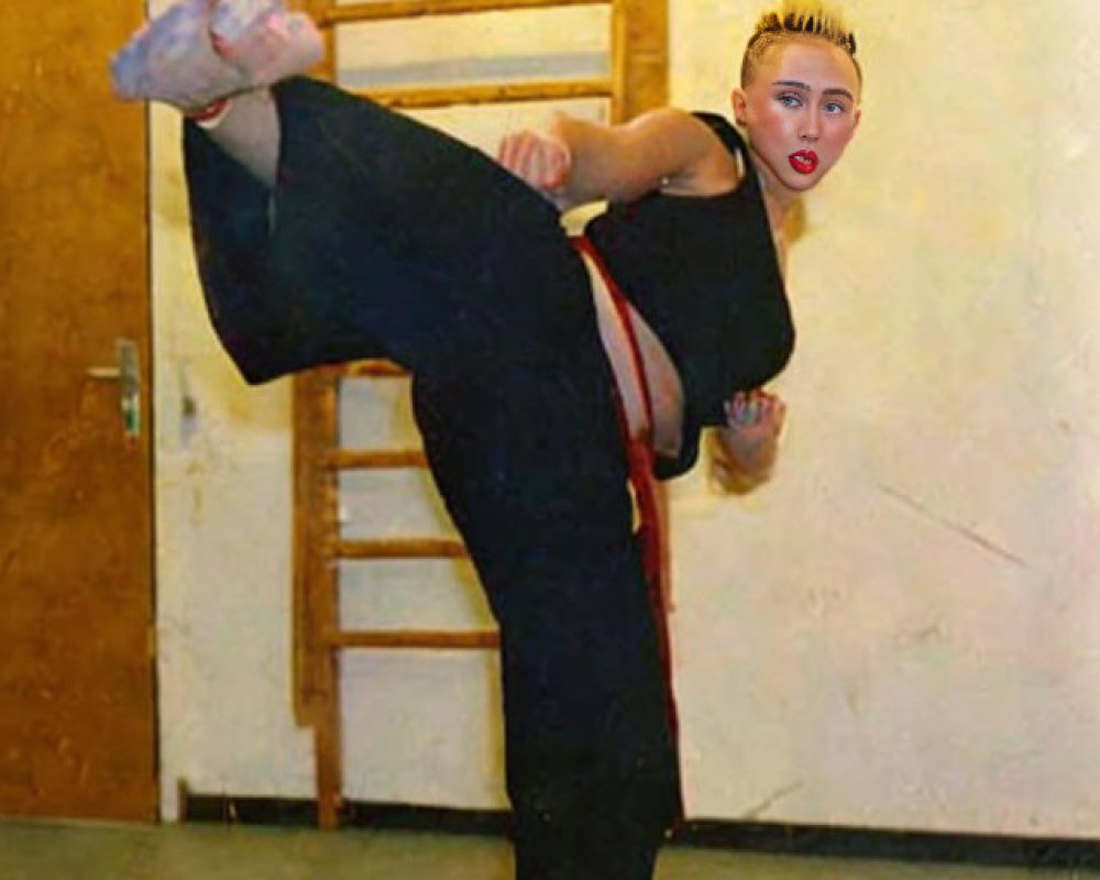 Martial artist in black attire practicing high kick with superimposed face