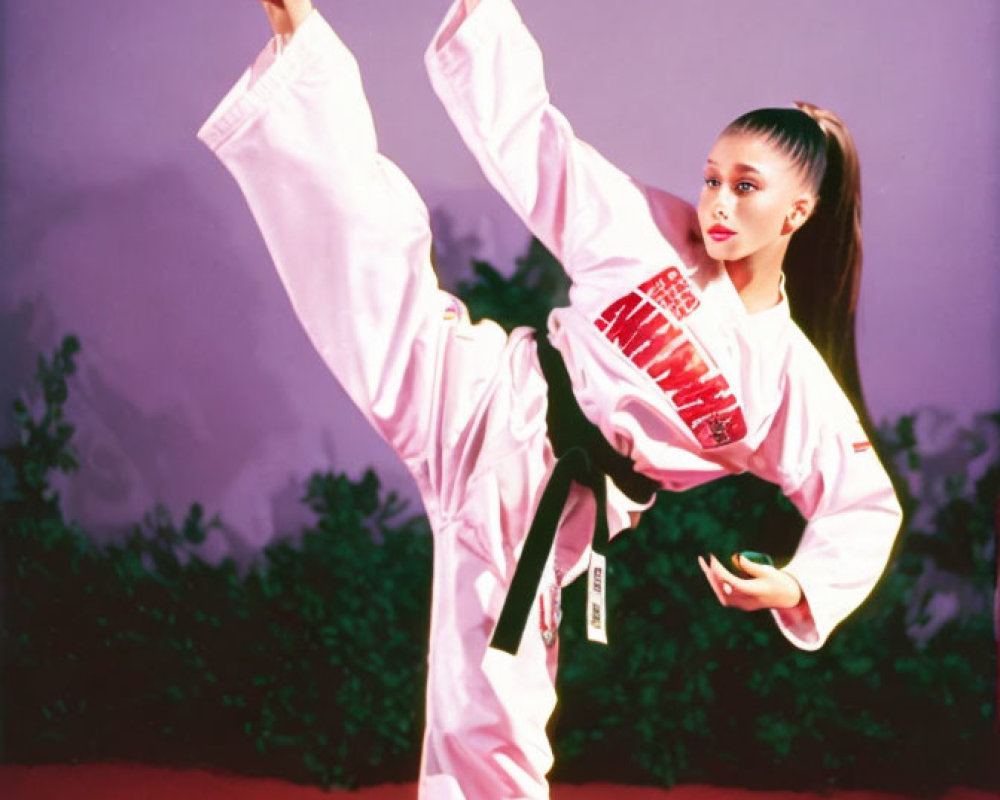 Martial artist in white gi with red lettering executing high kick on purple background