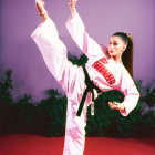 Martial artist in white gi with red lettering executing high kick on purple background