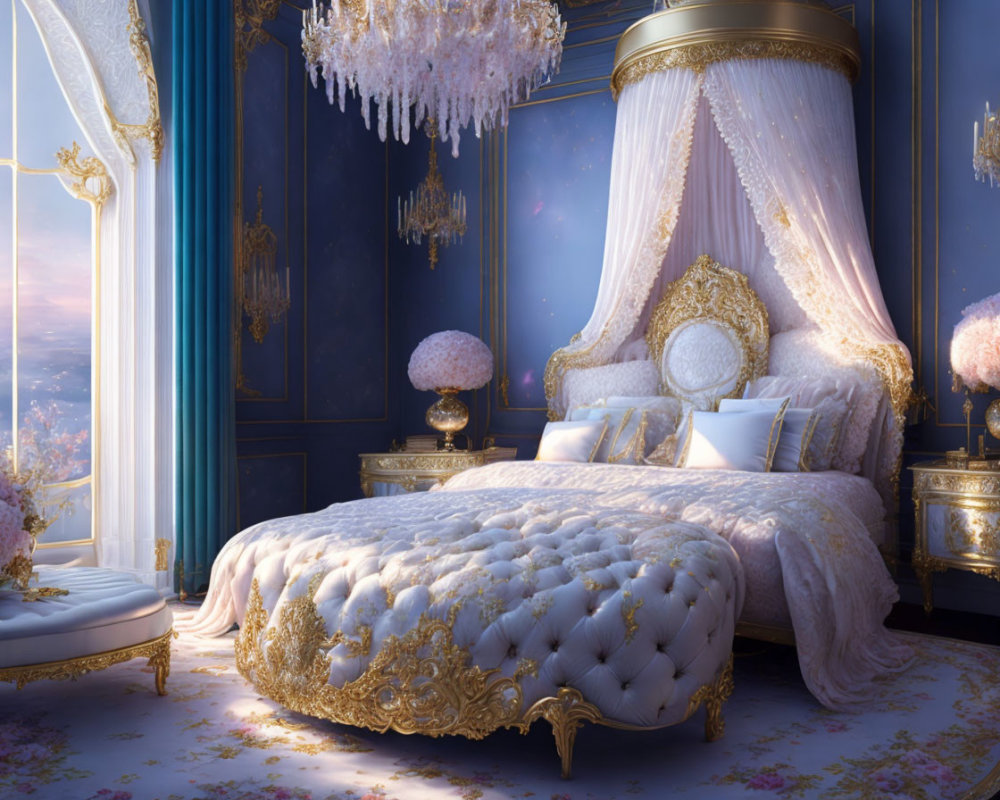 Luxurious Bedroom with Ornate Bed, Gold Accents, Chandelier, and Blue Walls