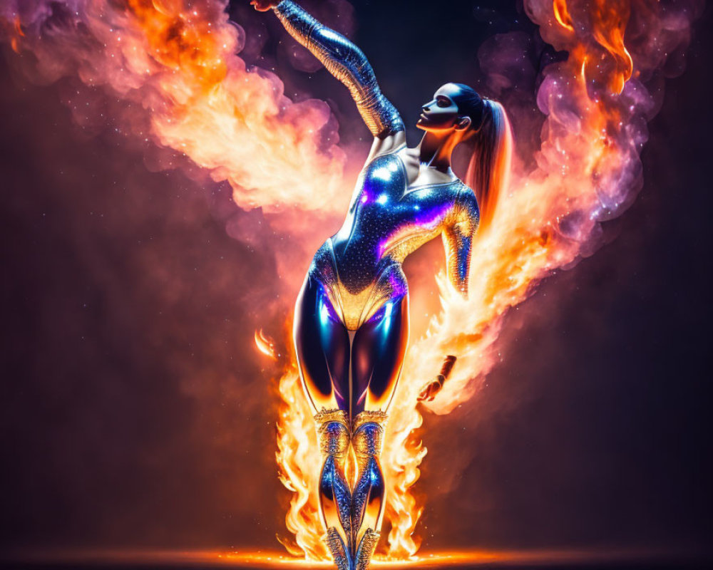 Futuristic female figure in reflective bodysuit with dynamic fire and smoke swirls