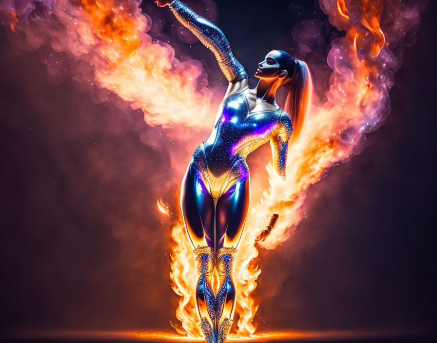 Futuristic female figure in reflective bodysuit with dynamic fire and smoke swirls