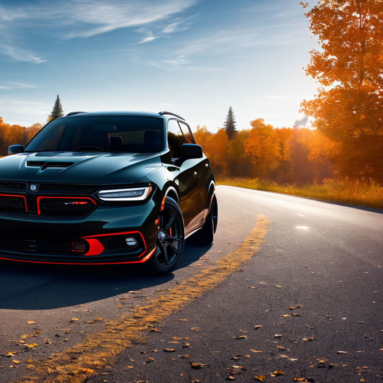 Autumn sunset scene with black SUV and vibrant trees