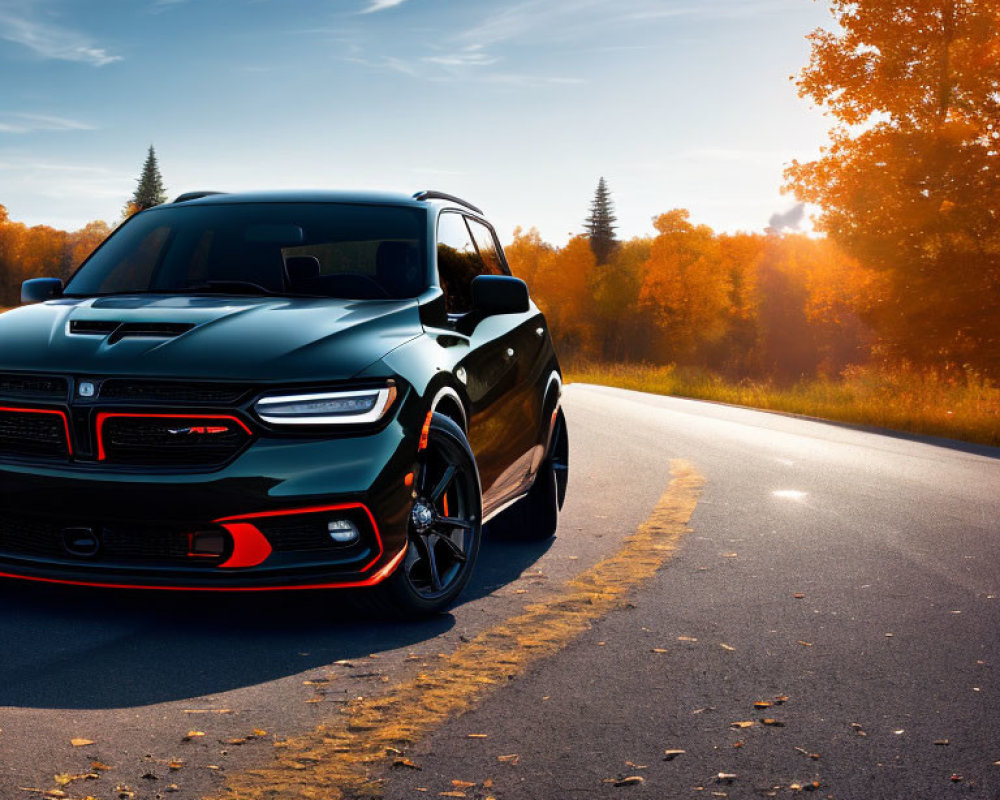 Autumn sunset scene with black SUV and vibrant trees