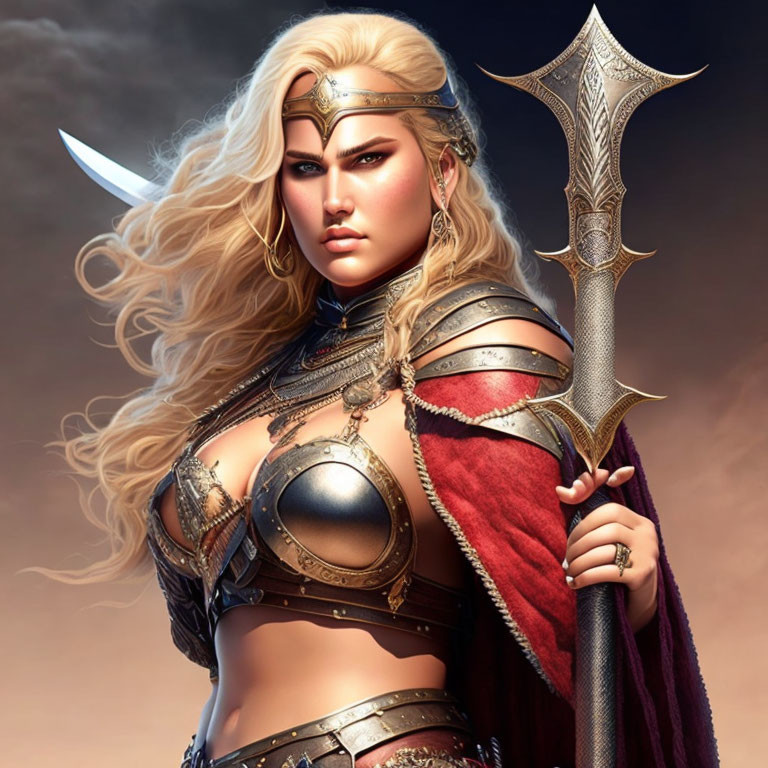 Blonde warrior woman in ornate armor with spear against dramatic sky