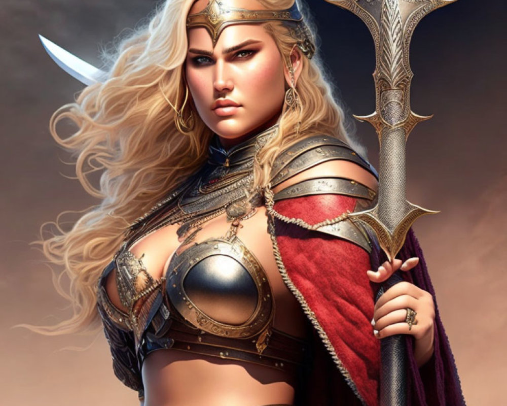 Blonde warrior woman in ornate armor with spear against dramatic sky