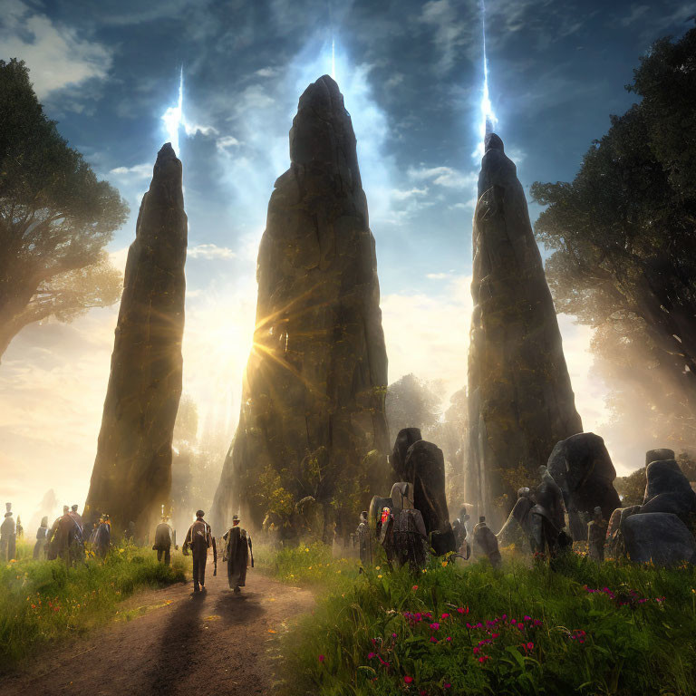 Explorers in mystical forest with rock formations and sunlight.