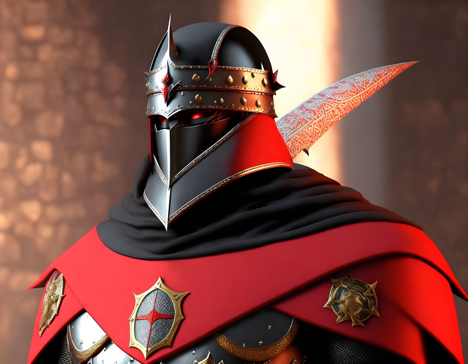 Knight in ornate armor with red cloak and patterned sword on bokeh background